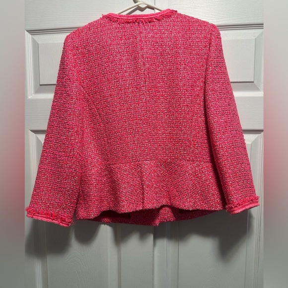 Talbots TWEED PEPLUM JACKET Blazer Hot Pink Sz 14P Fringe - Picture 2 of 4